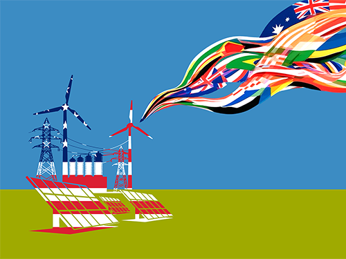 Stylized renewable-energy landscape with wind turbines, power lines, and solar panels; colorful national flags stream upward, suggesting global cooperation.