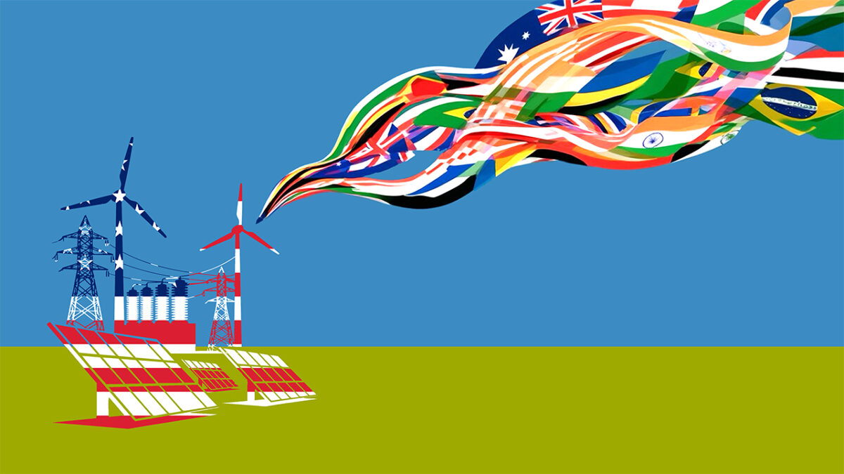 Stylized renewable-energy landscape with wind turbines, power lines, and solar panels; colorful national flags stream upward, suggesting global cooperation.