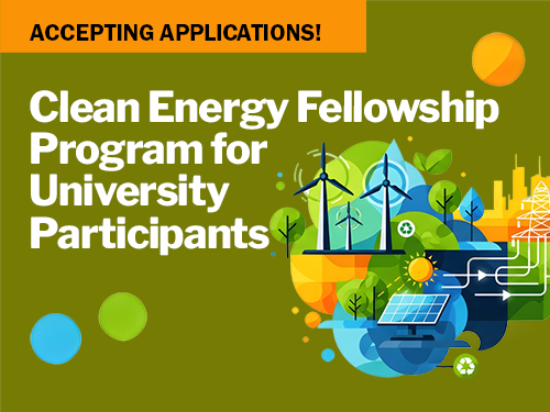 Colorful Clean Energy Fellowship graphic for university participants with wind turbines, solar panels, a sun, and recycling symbols.