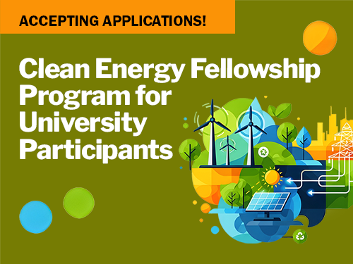 Colorful Clean Energy Fellowship graphic for university participants with wind turbines, solar panels, a sun, and recycling symbols.