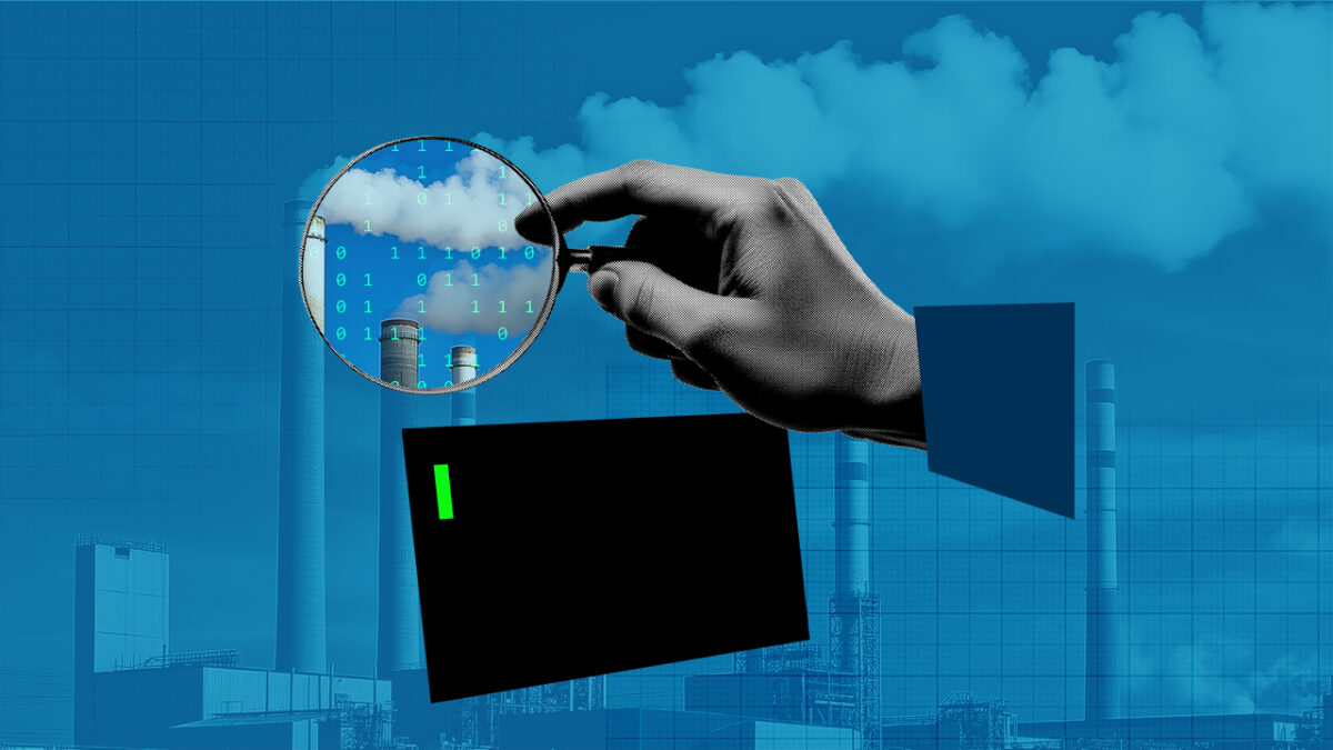 Illustration showing a hand with a magnifying glass examining binary numbers from a smoke stack of an industrial complex. A computer screen with a green prompt floats below.