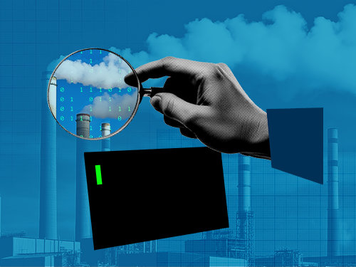 Illustration showing a hand with a magnifying glass examining binary numbers from a smoke stack of an industrial complex. A computer screen with a green prompt floats below.