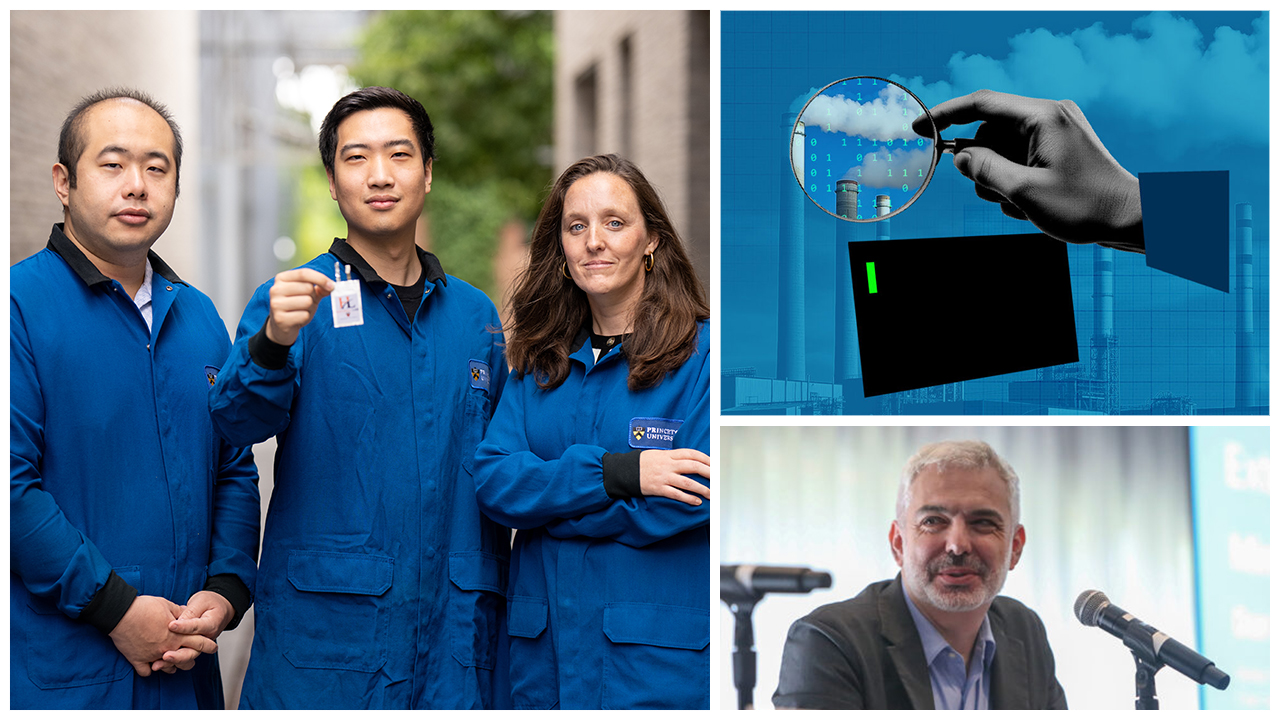 Three images: researchers pose holding a battery, a blue-colored illustration, and a man seated at a podium table.
